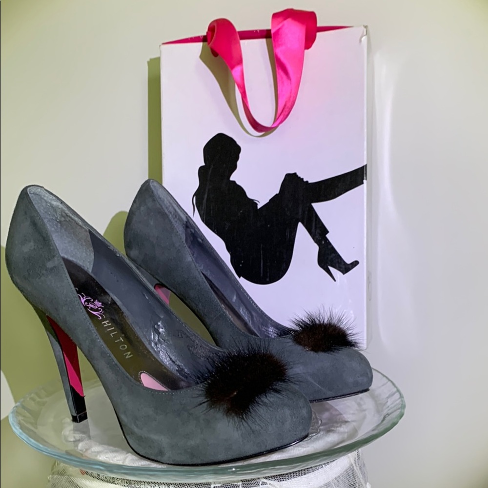 Paris Hilton Gray Suede Leather and Chic Fur Detailing